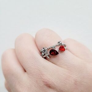 Brand New Silver Tone Red Double Stones Ring Adjustable Size